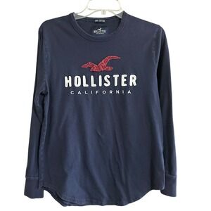 Hollister California Long Sleeve Graphic T Shirt Navy Blue Cotton Sz S Mens Y2K